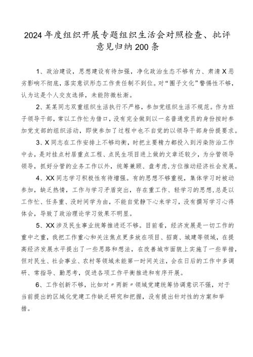 2024组织开展专题组织生活会对照检查、批评意见归纳200条.docx