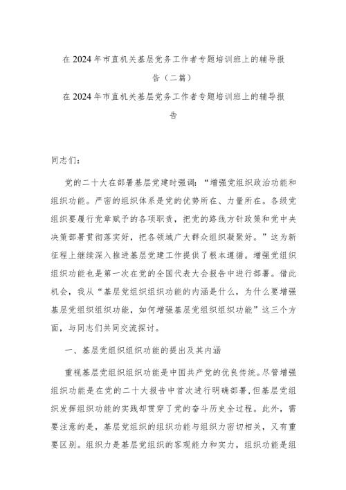 在2024年市直机关基层党务工作者专题培训班上的辅导报告(二篇).docx