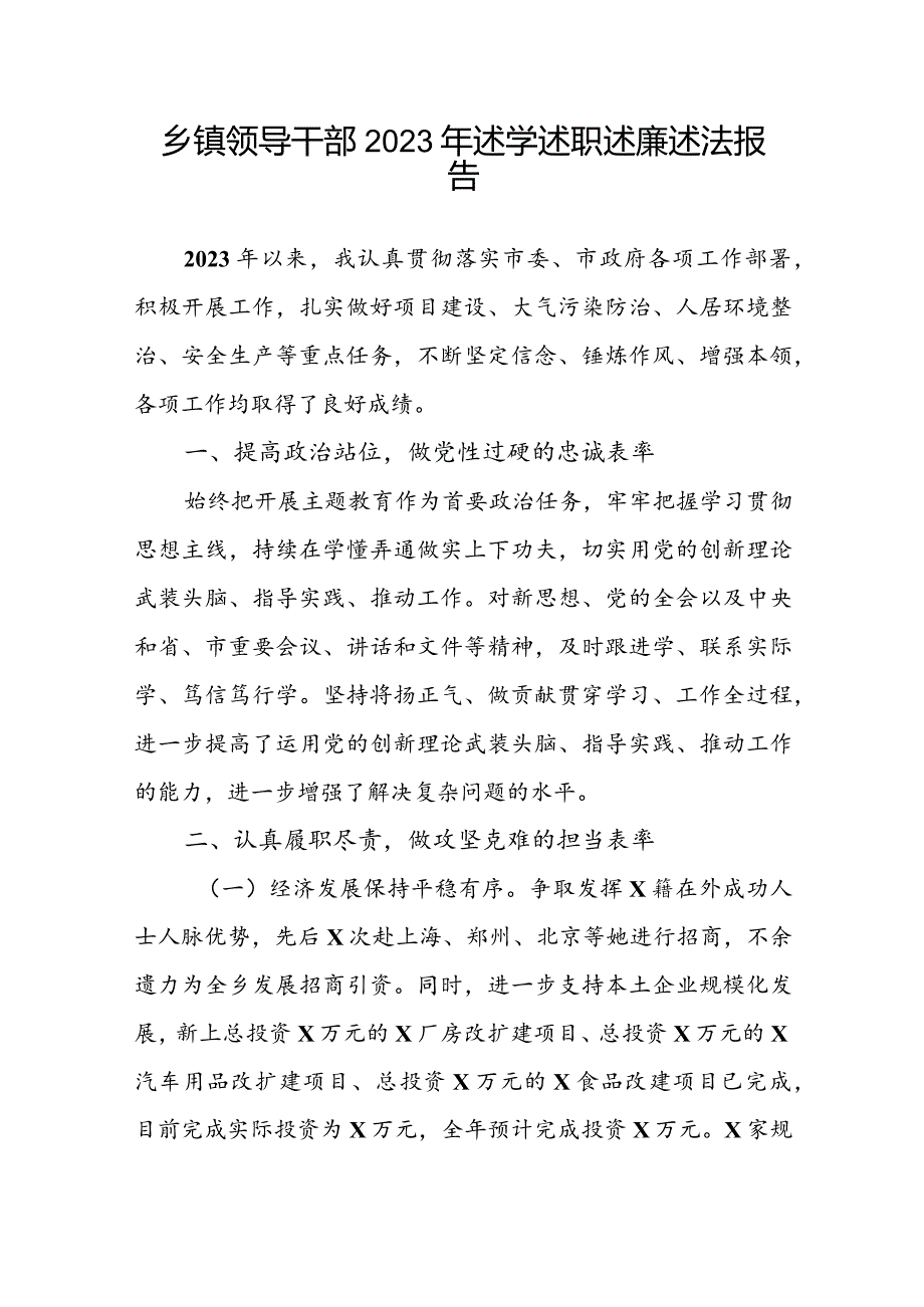 乡镇领导干部2023年述学述职述廉述法报告(1).docx_第1页