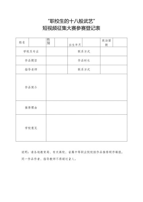 “职校生的十八般武艺”短视频征集大赛参赛登记表表（2024年）.docx