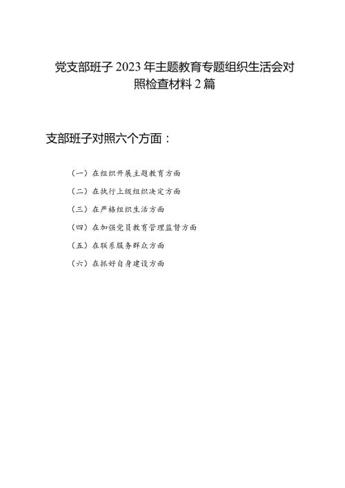 党支部班子在组织开展主题教育、在执行上级组织决定、严格组织生活、加强党员教育管理监督、联系服务群众、抓好自身建设六个方面2023.docx