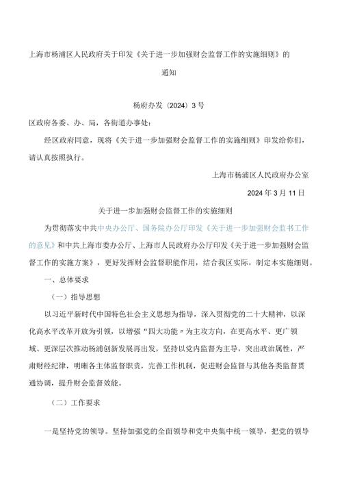 上海市杨浦区人民政府关于印发《关于进一步加强财会监督工作的实施细则》的通知.docx
