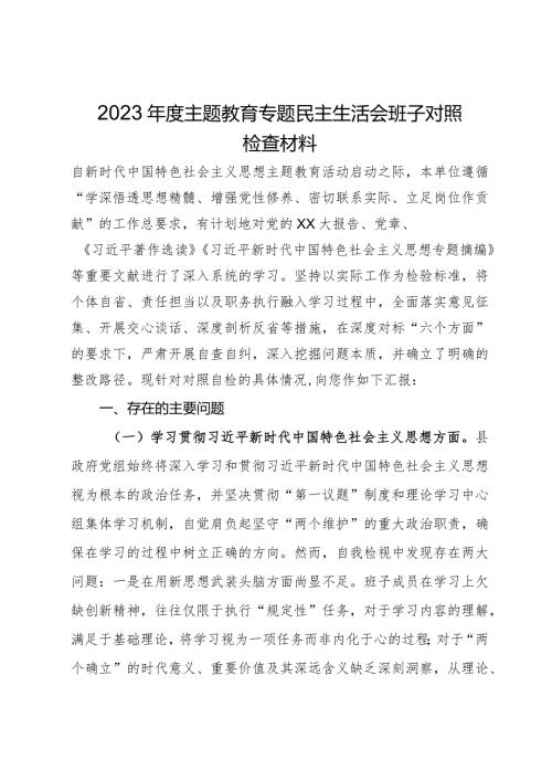 县政府党组班子2023主题教育专题民主生活会对照检查材料.docx
