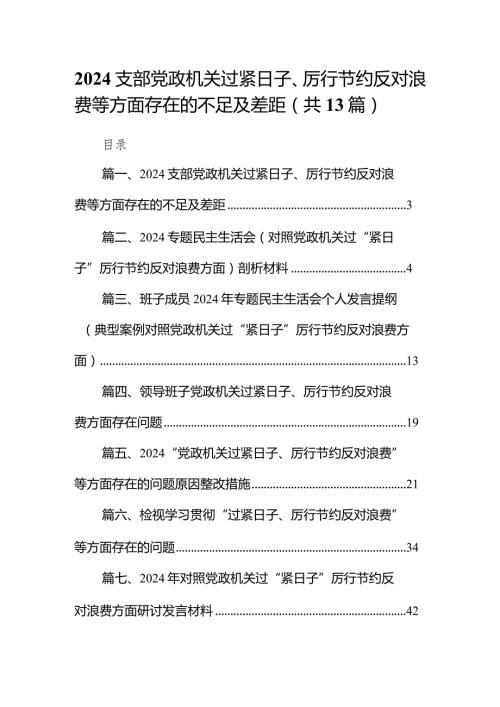 2024支部党政机关过紧日子、厉行节约反对浪费等方面存在的不足及差距13篇（详细版）.docx