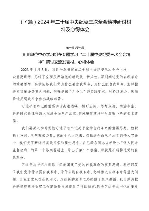 （7篇）2024年二十中央纪委三次全会精神研讨材料及心得体会.docx