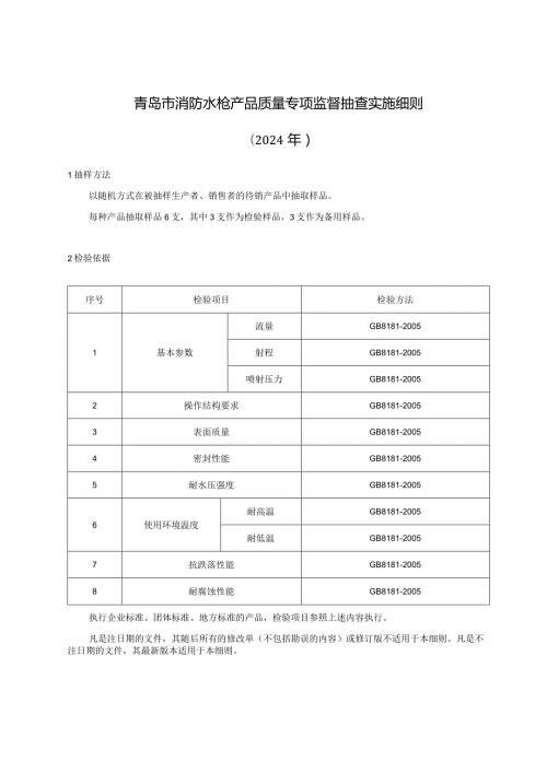 青岛市消防水枪产品质量专项监督抽查实施细则2024年.docx