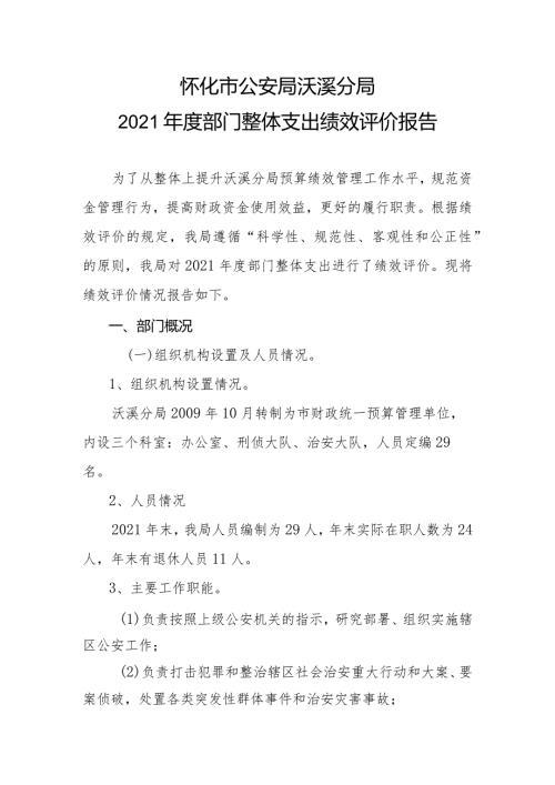怀化市公安局沃溪分局2021部门整体支出绩效评价报告.docx