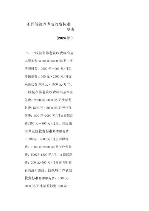 不同等级养老院收费标准一览表（2024年）.docx