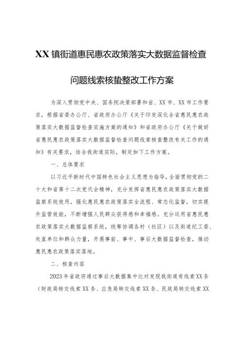 XX镇街道惠民惠农政策落实大数据监督检查问题线索核查整改工作方案.docx