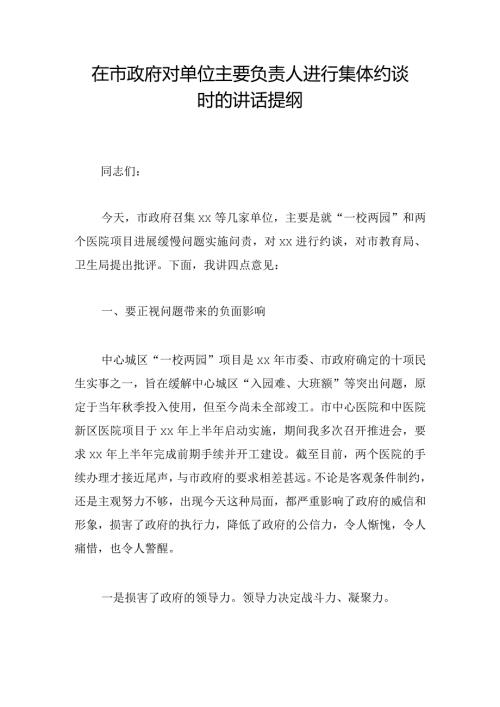 在市政府对单位主要负责人进行集体约谈时的讲话提纲.docx