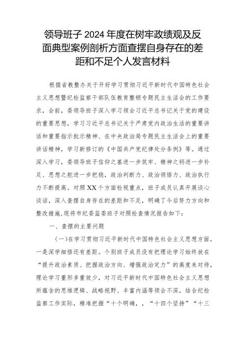 领导班子2024在树牢政绩观及反面典型案例剖析方面查摆自身存在的差距和不足个人发言材料.docx