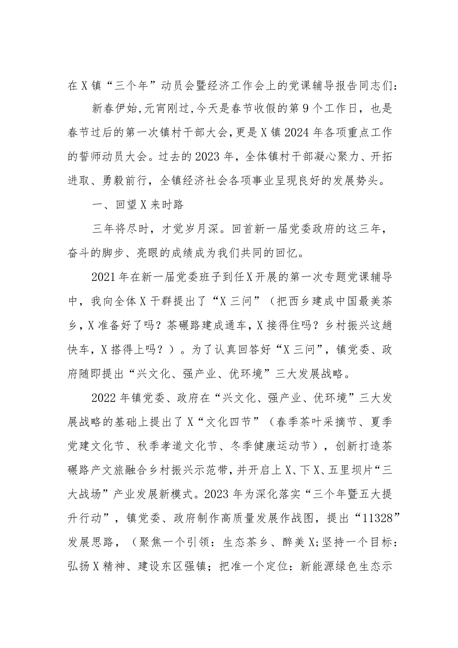 在X镇“三个年”动员会暨经济工作会上的党课辅导报告.docx_第1页