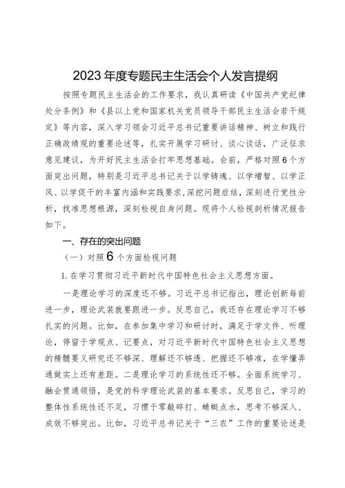 2023专题民主生活会个人发言提纲.docx
