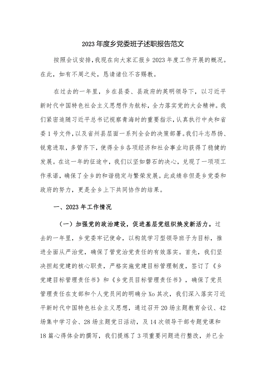 2023乡党委班子述职报告范文.docx_第1页