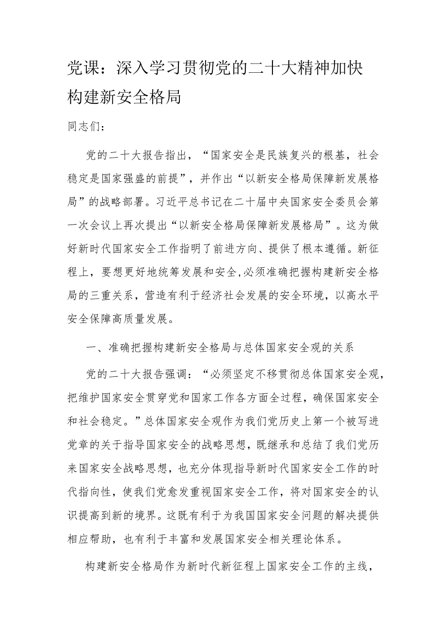 党课：深入学习贯彻党的二十大精神加快构建新安全格局(1).docx_第1页