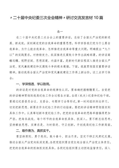 “二十中央纪委三次全会精神”研讨交流发言材10篇.docx