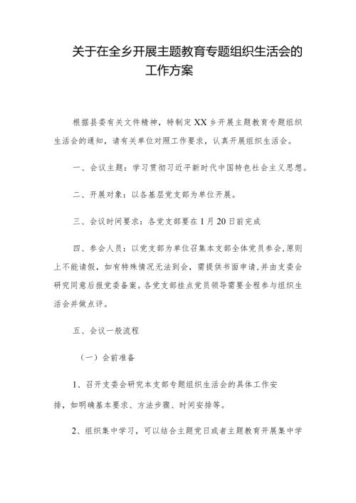关于在全乡开展主题教育专题组织生活会的工作方案.docx