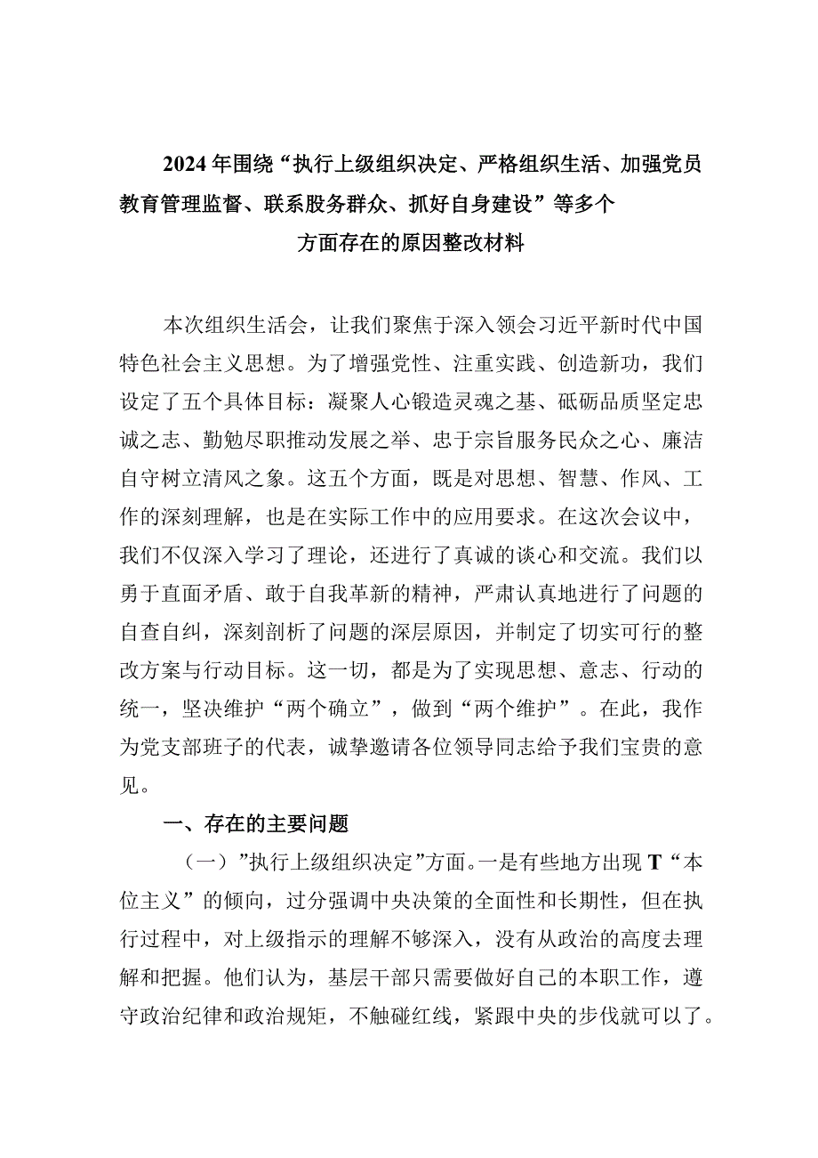 2024年围绕“执行上级组织决定、严格组织生活、加强党员教育管理监督、联系股务群众、抓好自身建设”等多个方面存在的原因整改材料(五篇合集）.docx_第1页
