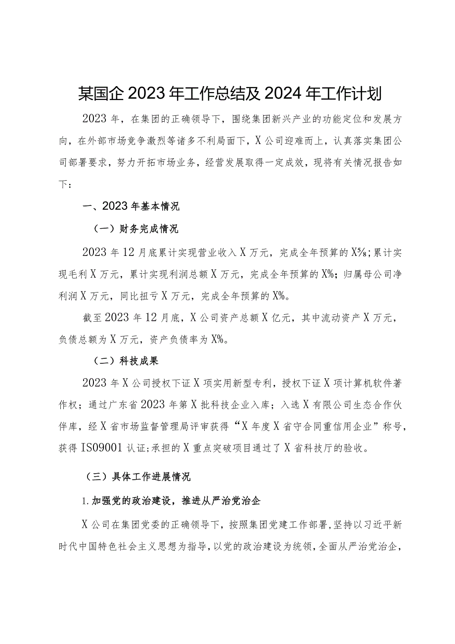 某国企2023年工作总结及2024年工作计划.docx_第1页