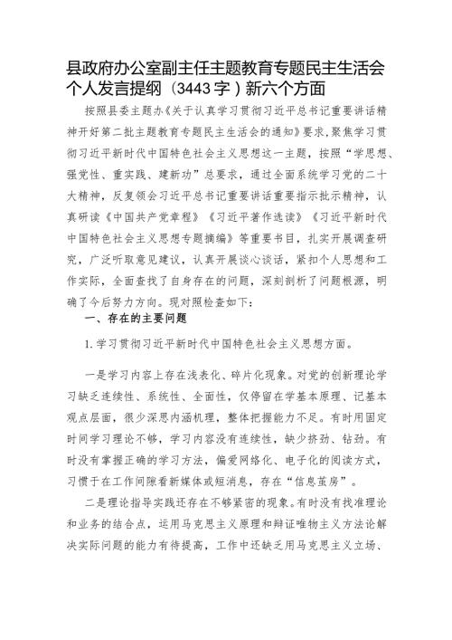 县政府办公室副主任主题教育专题民主生活会个人发言提纲（践行宗旨等6个方面）.docx