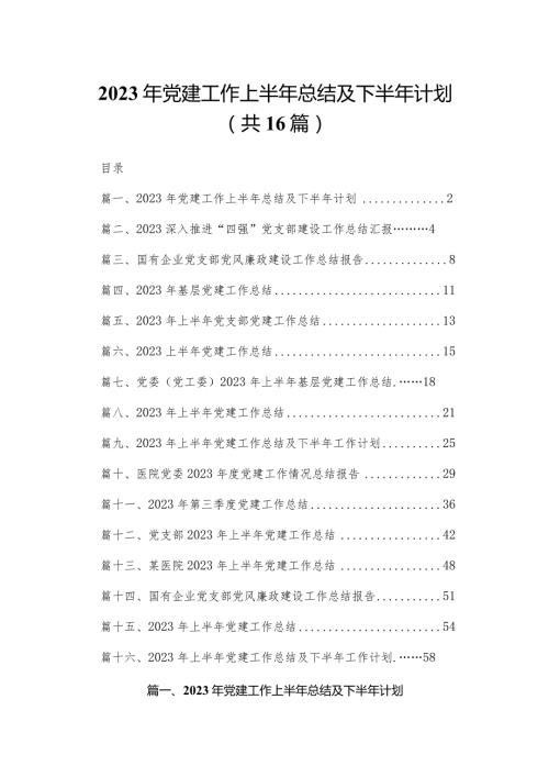 2023年党建工作上半年总结及下半年计划最新精选版【16篇】.docx