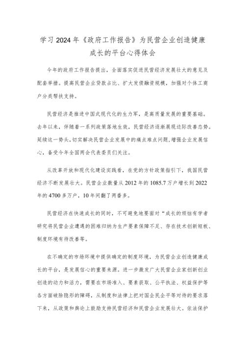 学习2024年《政府工作报告》为民营企业创造健康成长的平台心得体会.docx