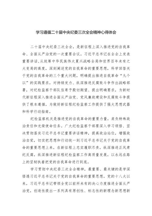 学习遵循二十中央纪委三次全会精神心得体会（共9篇）.docx