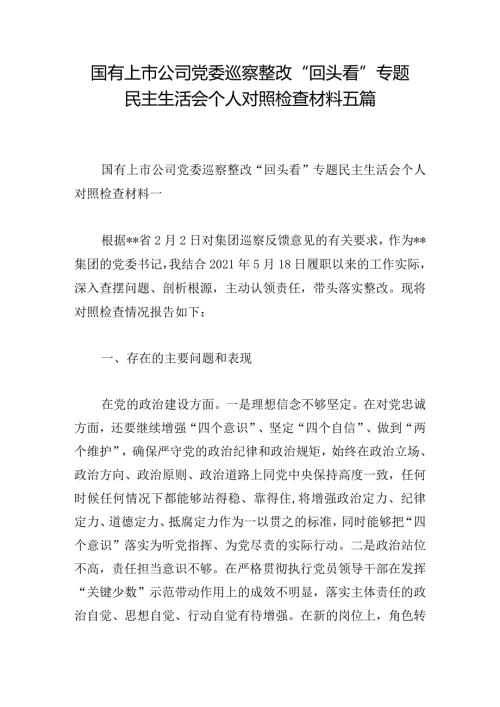 国有上市公司党委巡察整改“回头看”专题民主生活会个人对照检查材料五篇.docx