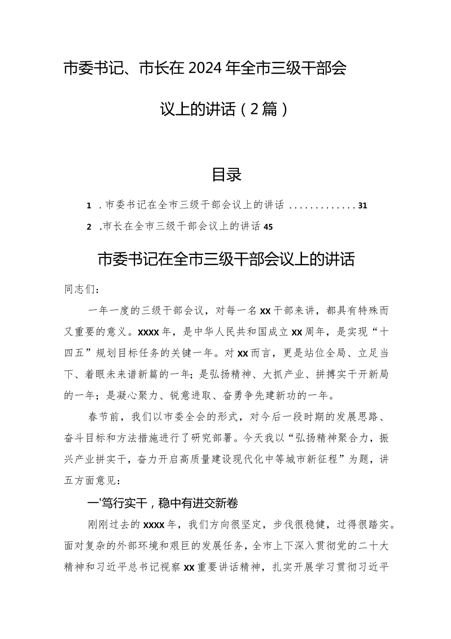 市委书记、市长在2024年全市三级干部会议上的讲话（2篇）.docx_第1页