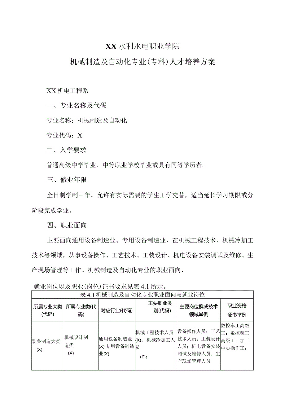 XX水利水电职业学院机械制造及自动化专业（专科）人才培养方案（2024年）.docx_第1页