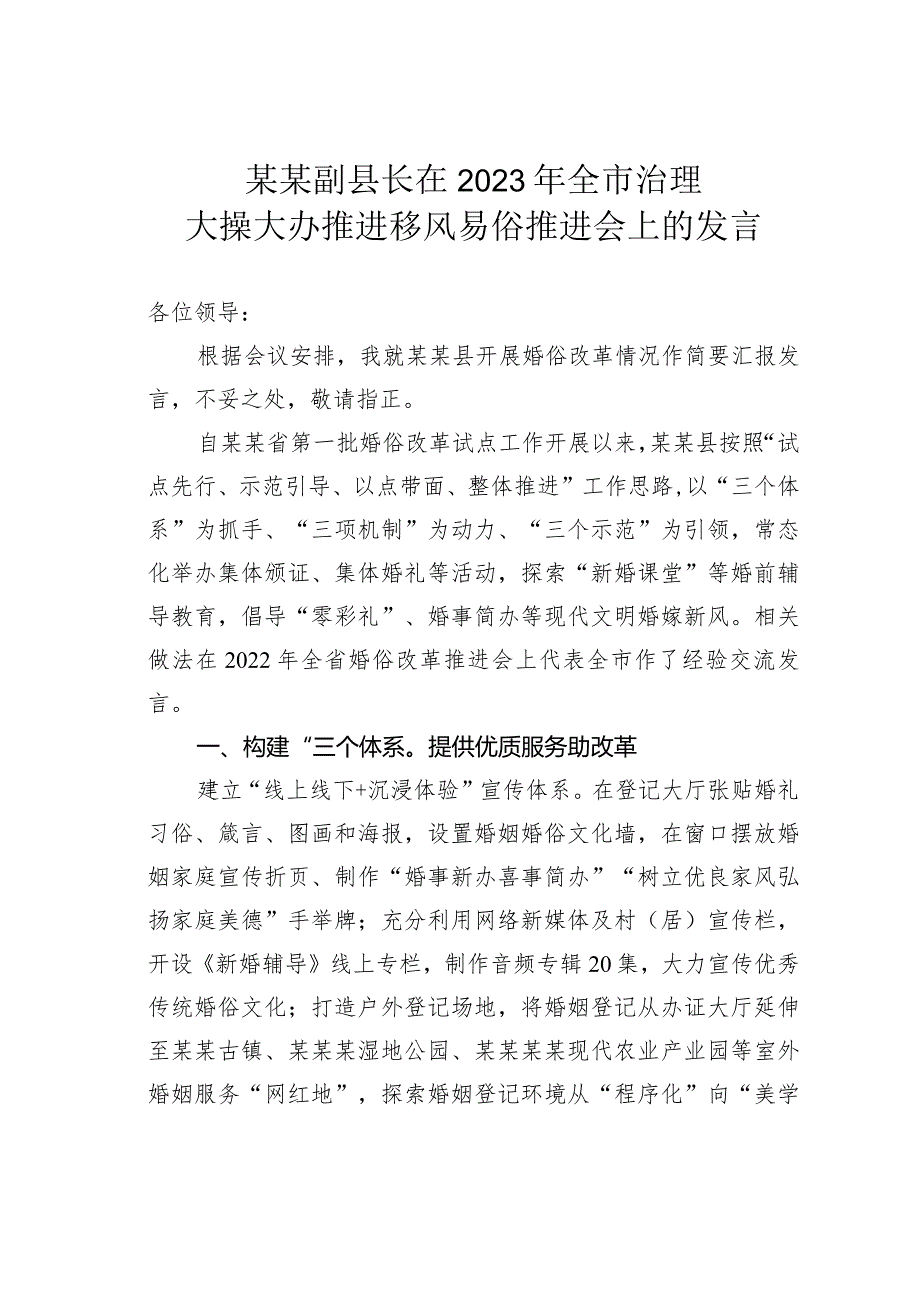 某某副县长在2023年全市治理大操大办推进移风易俗推进会上的发言(1).docx_第1页