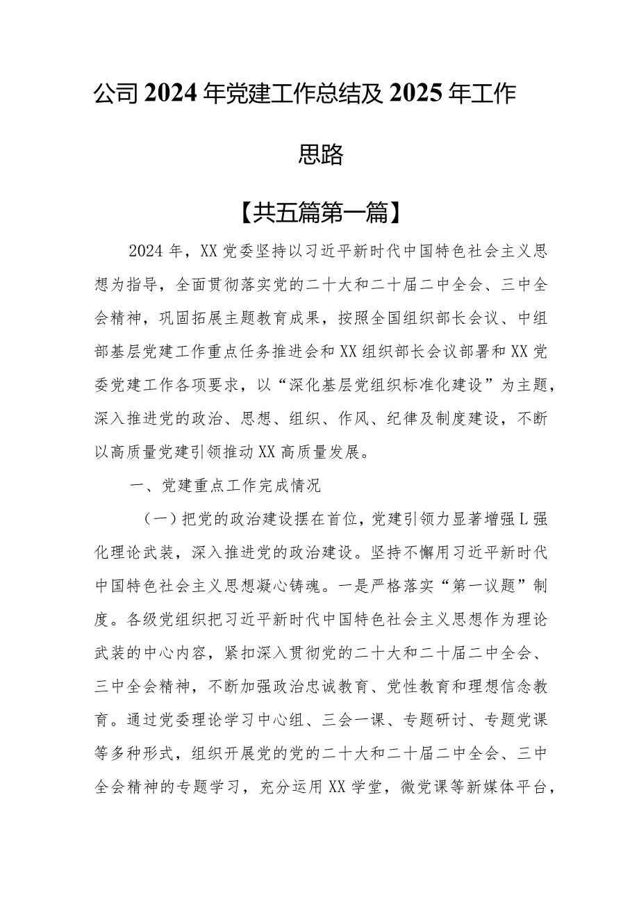 （5篇）公司2024年党建工作总结及2025年工作思路.docx_第1页