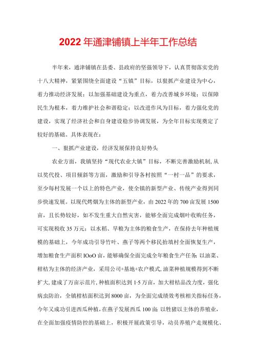 2022年通津铺镇上半年工作总结.docx