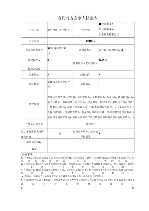 合同对方当事人档案表（2024年XX机电科技有限公司）.docx