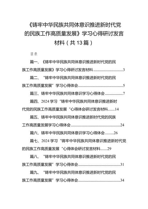 《铸牢中华民族共同体意识推进新时代党的民族工作高质量发展》学习心得研讨发言材料13篇（精选版）.docx