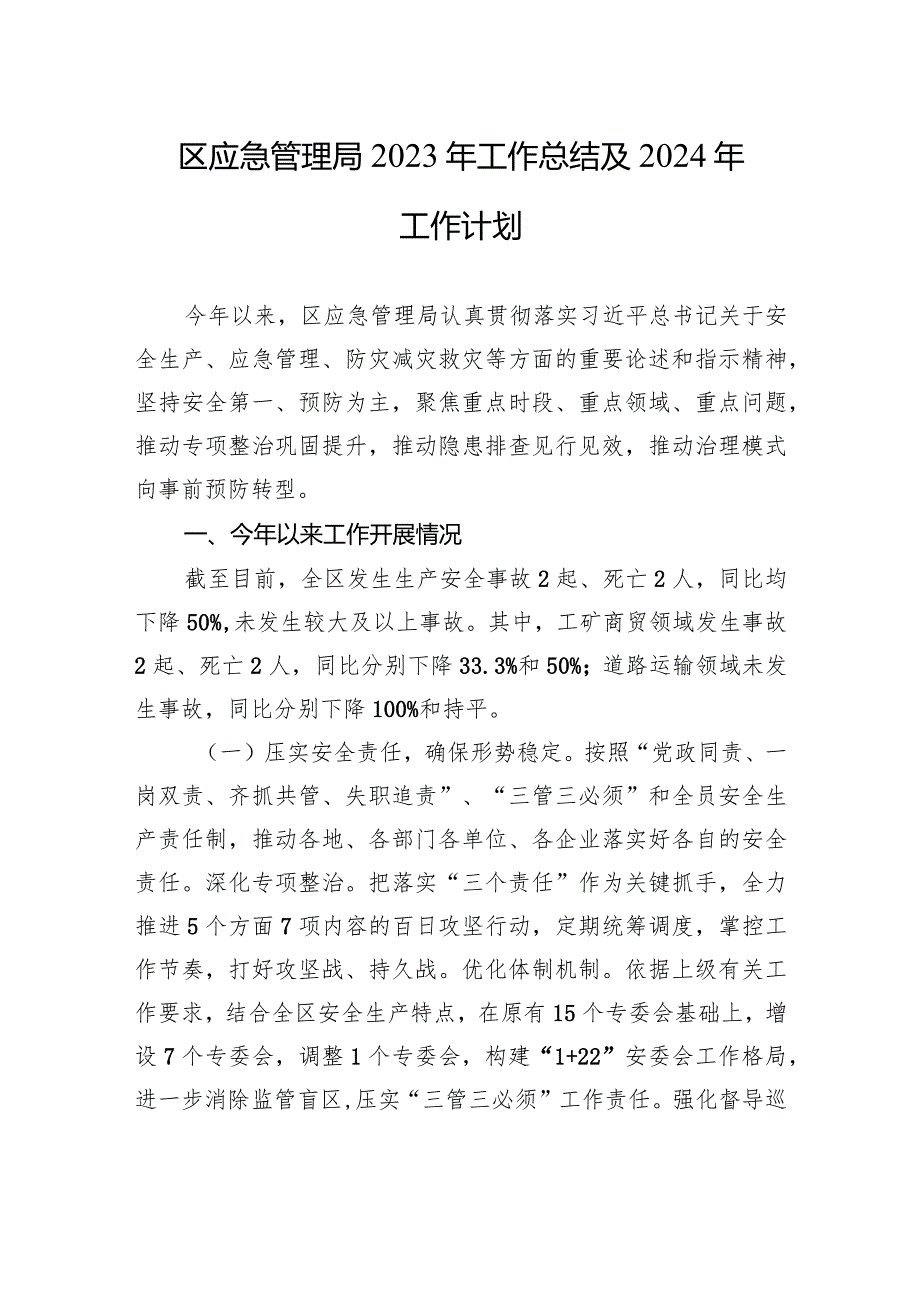 区应急管理局2023年工作总结及2024年工作计划(20240117).docx_第1页