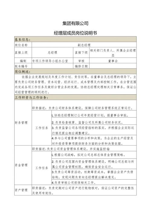 集团公司副总经理岗位说明书（财务管理）.docx