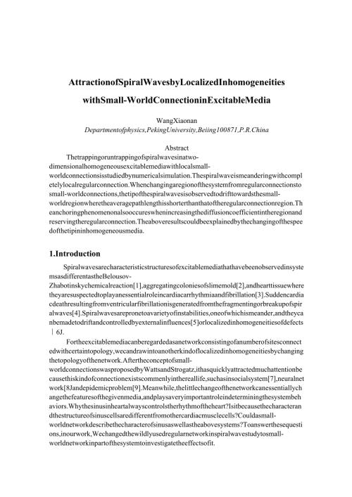 attractionofspiralwaveslocalizedinhomogeneitieswithsmallworldconnectioninexcitablemedia.docx