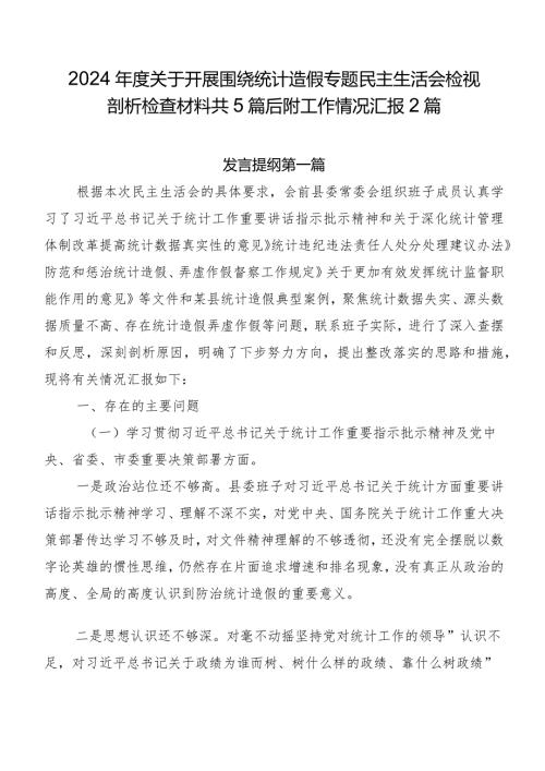 2024关于开展围绕统计造假专题民主生活会检视剖析检查材料共5篇后附工作情况汇报2篇.docx