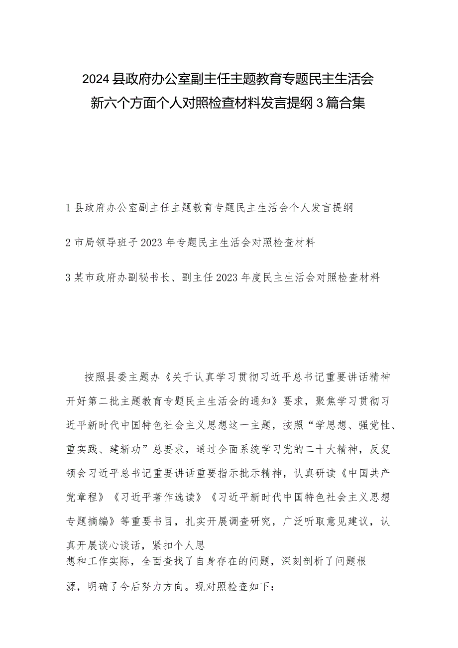 2024县政府办公室副主任主题教育专题民主生活会新六个方面个人对照检查材料发言提纲3篇合集.docx_第1页