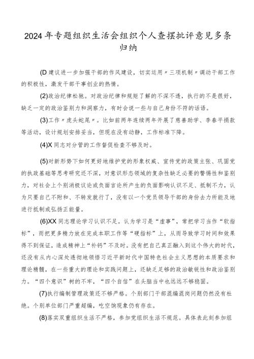 2024年专题组织生活会组织个人查摆批评意见多条归纳.docx