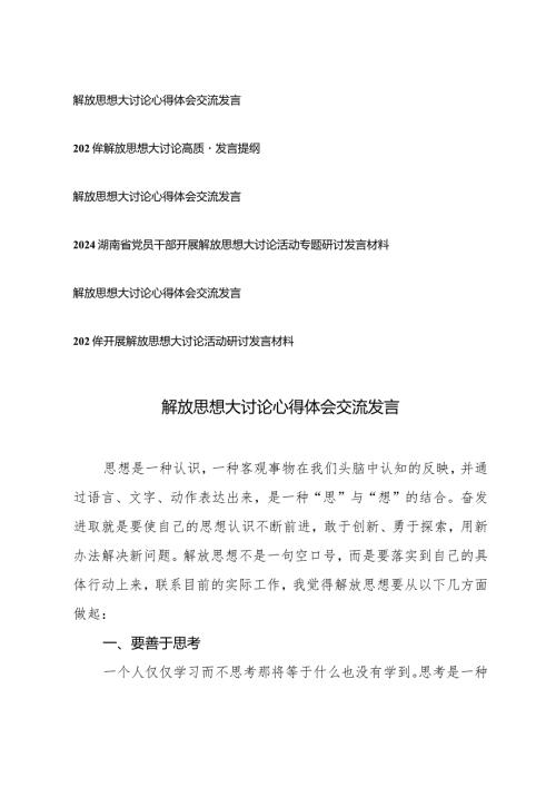 湖南省2024解放思想大讨论心得体会交流发言（6篇范文）.docx