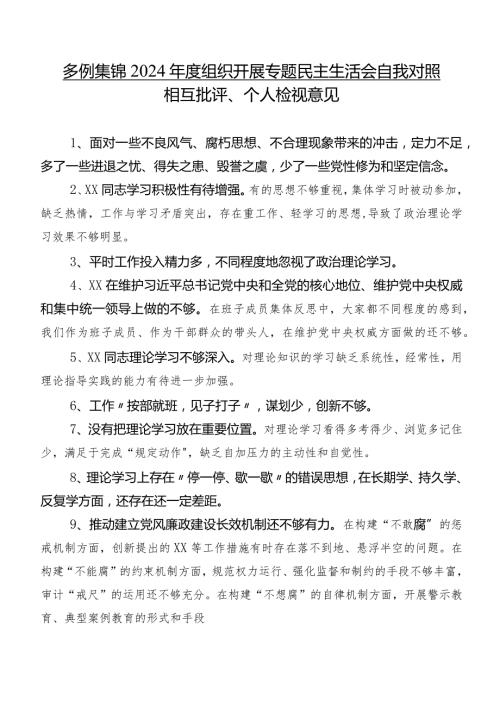 多例集锦2024组织开展专题民主生活会自我对照相互批评、个人检视意见.docx