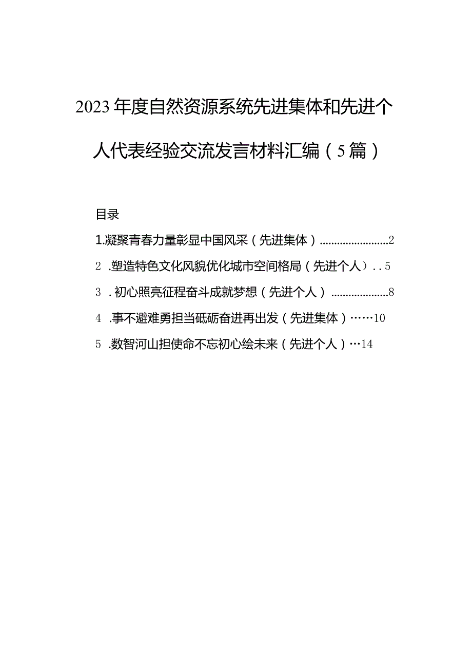2023自然资源系统先进集体和先进个人代表经验交流发言材料汇编（5篇）.docx_第1页