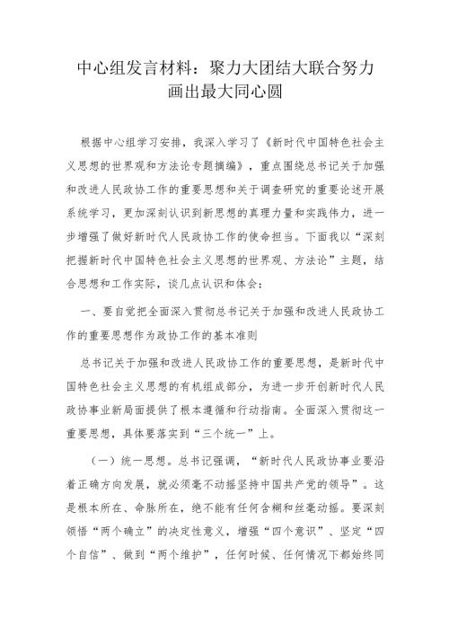 中心组发言材料：聚力大团结大联合努力画出最大同心圆.docx