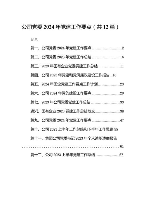 （12篇）公司党委2024年党建工作要点详细版.docx