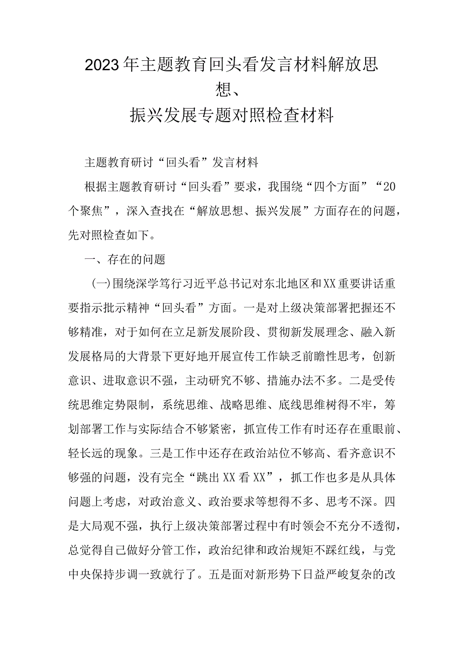 2023年主题教育回头看发言材料解放思想.docx_第1页