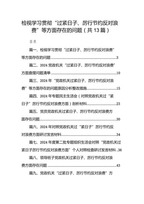 2024检视学习贯彻“过紧日子、厉行节约反对浪费”等方面存在的问题13篇（详细版）.docx