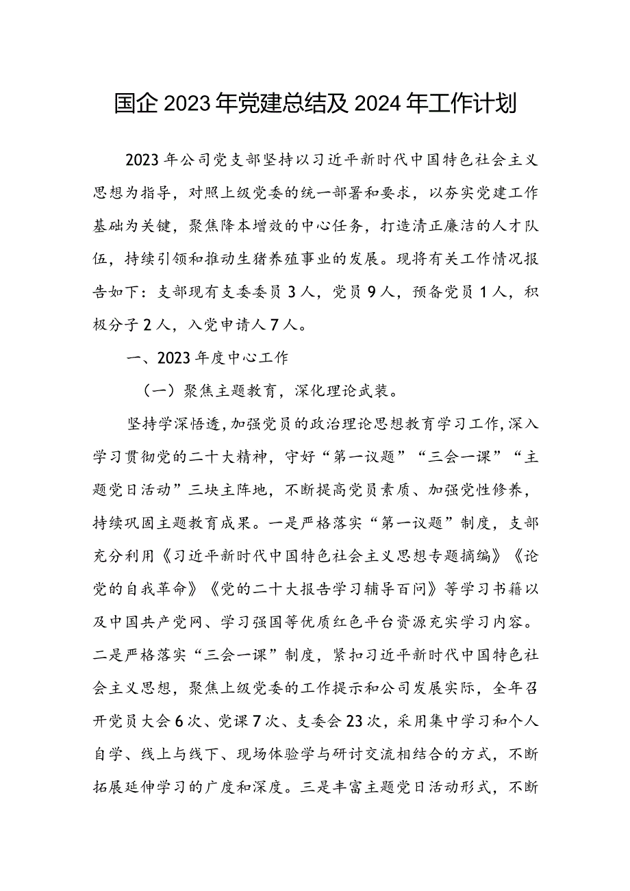国企2023年党建总结及2024年工作计划(1).docx_第1页
