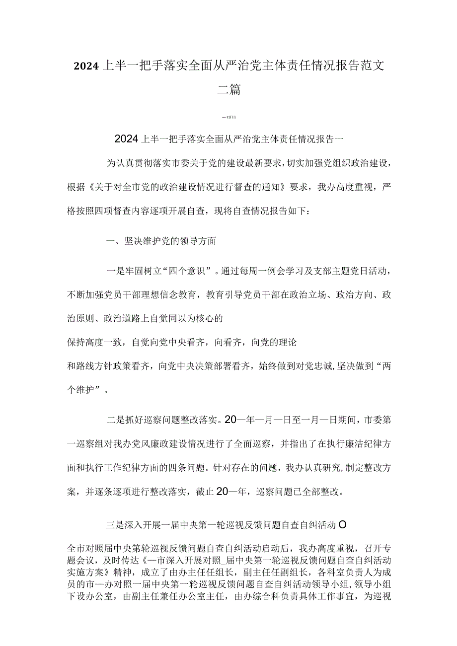 2024上半一把手落实全面从严治党主体责任情况报告范文三篇.docx_第1页